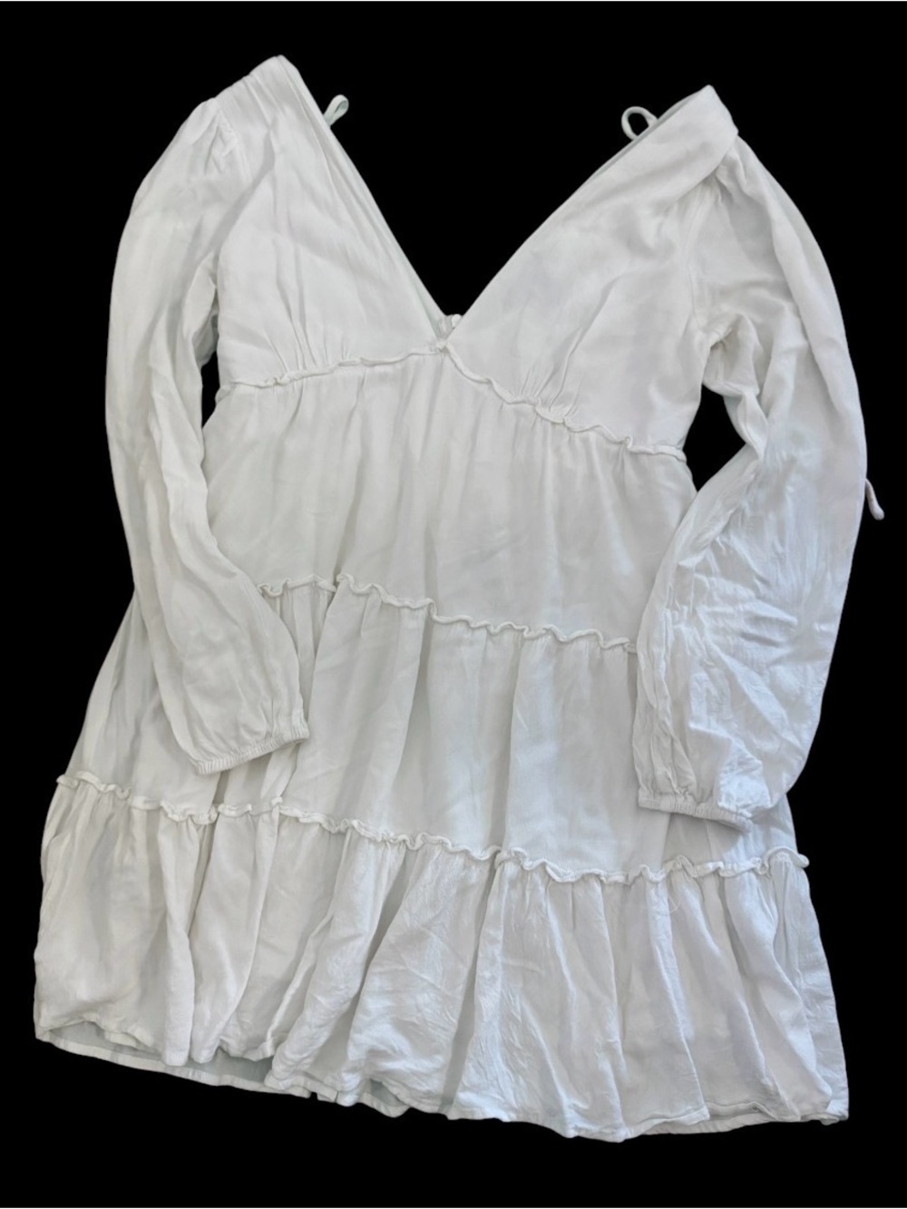 White V-Neck Tiered Long Sleeve Women’s Dress